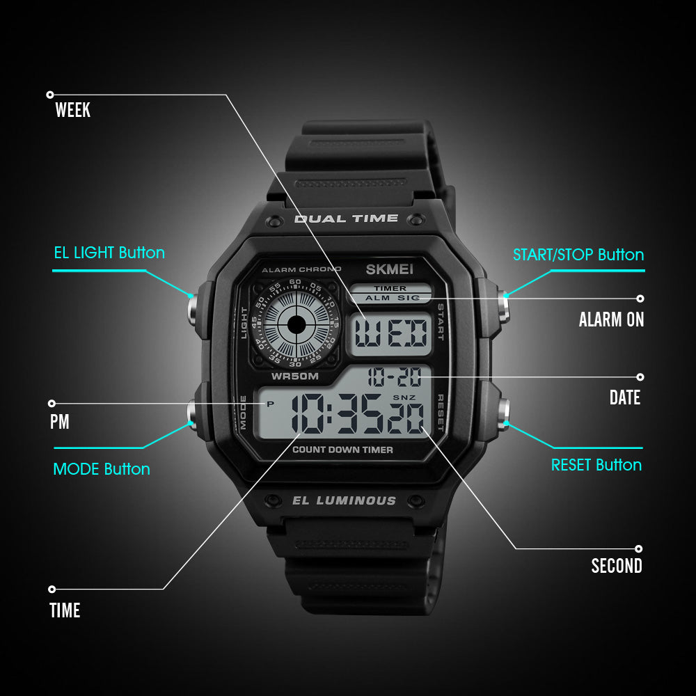 SKMEI 1299 Classic Vintage Square Waterproof watch- Black