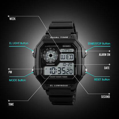 SKMEI 1299 Classic Vintage Square Waterproof watch- Black