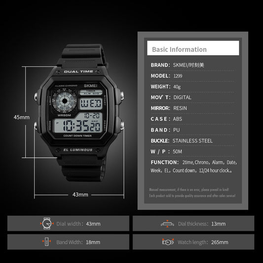 SKMEI 1299 Classic Vintage Square Waterproof watch- Black
