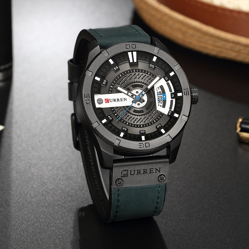 CURREN 8301 PU Leather Quartz Watch for Men - Black & Greenish