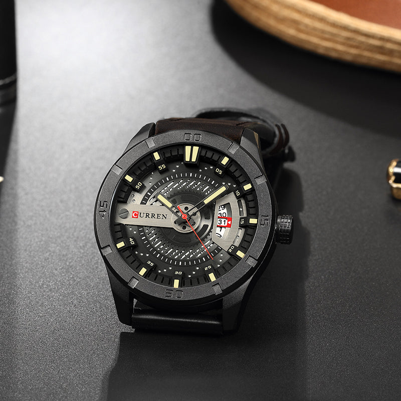 CURREN 8301 PU Leather Quartz Watch for Men - Dark Brown