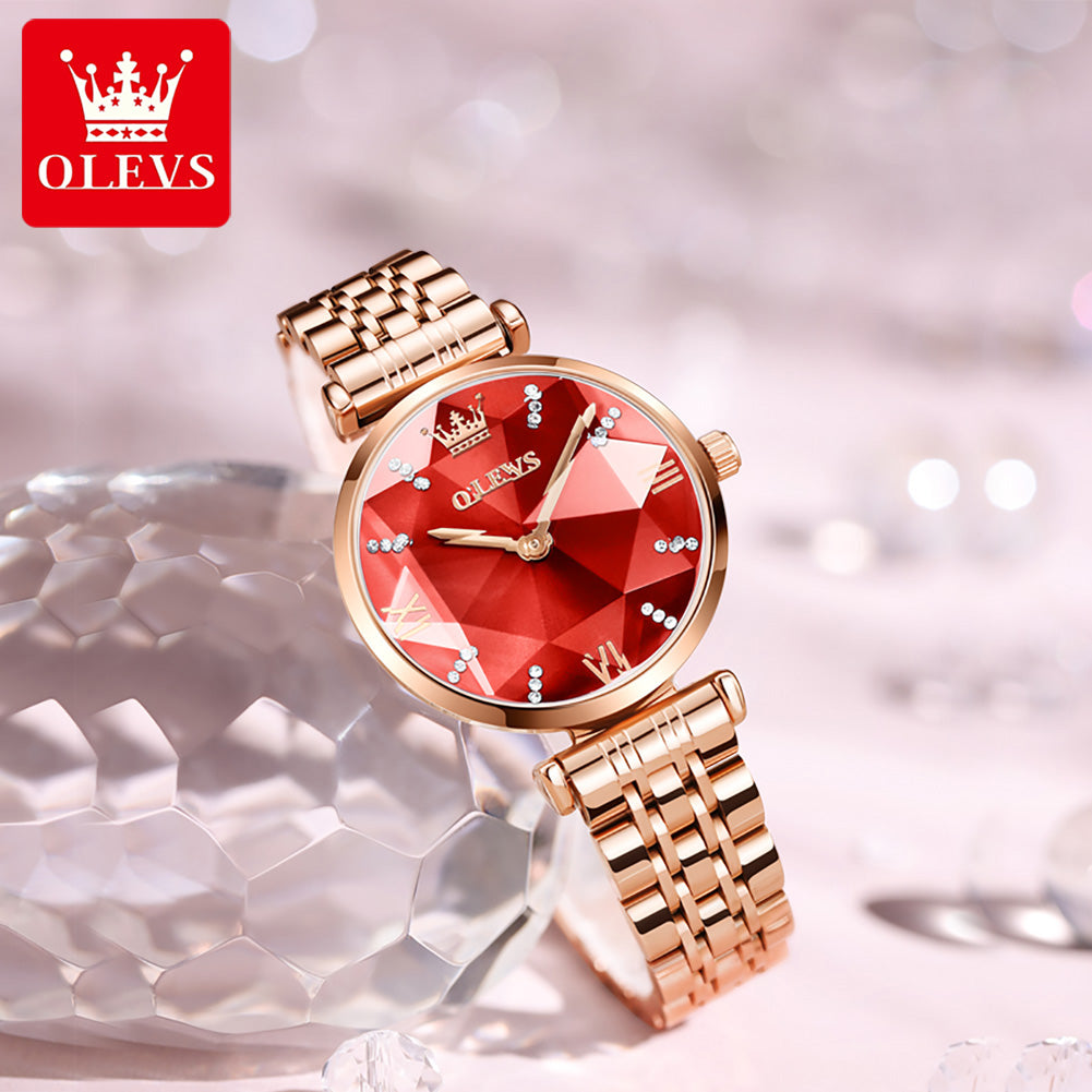 OLEVS 6642 Diamond Cart Stainless Steel Strap Japanese Movement Watch for women- Rose Gold & Red
