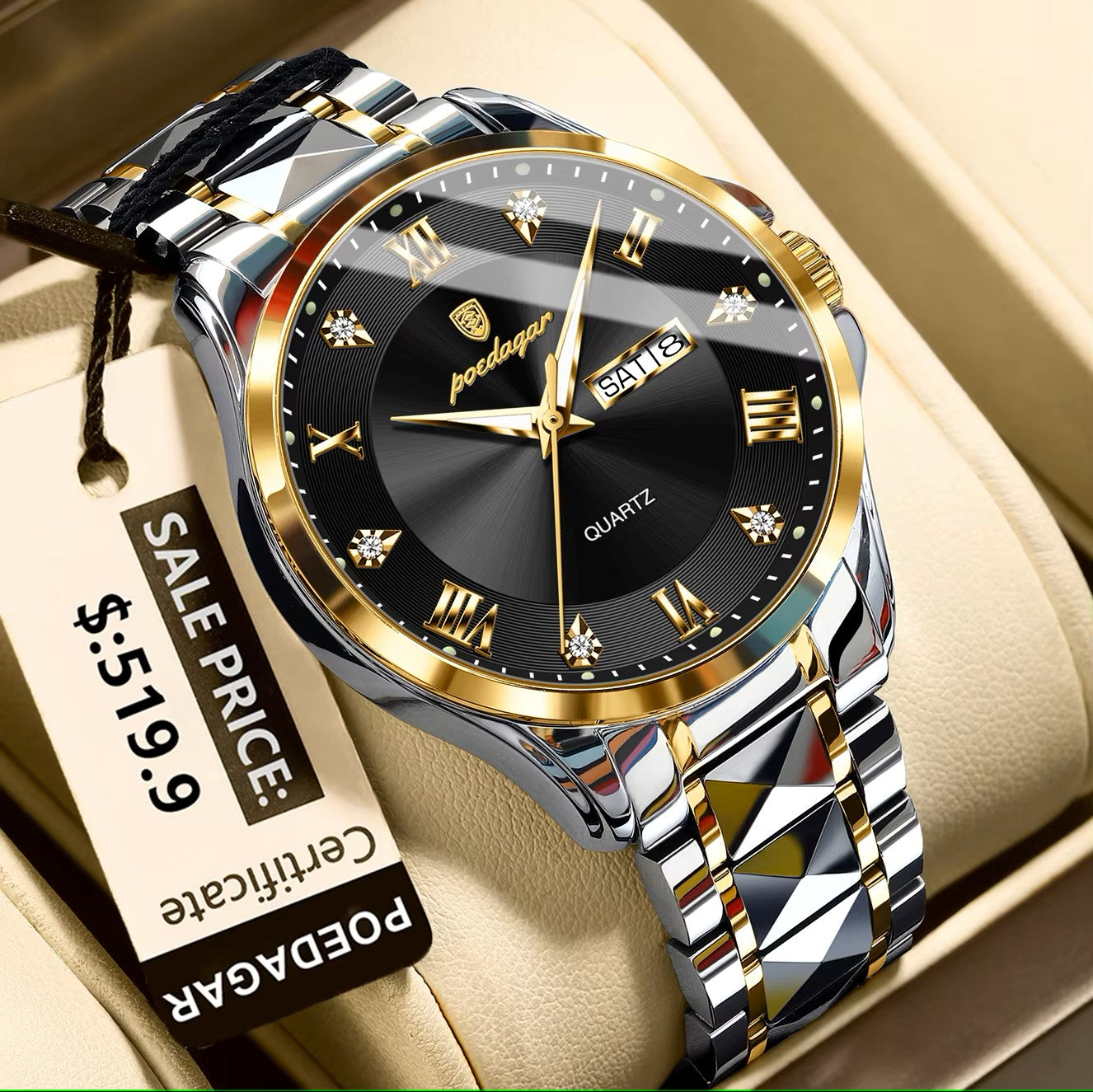 POEDAGAR 883 Stainless Steel Belt Fashion Luminous Quartz Men's Watches- Silver Gold & Black