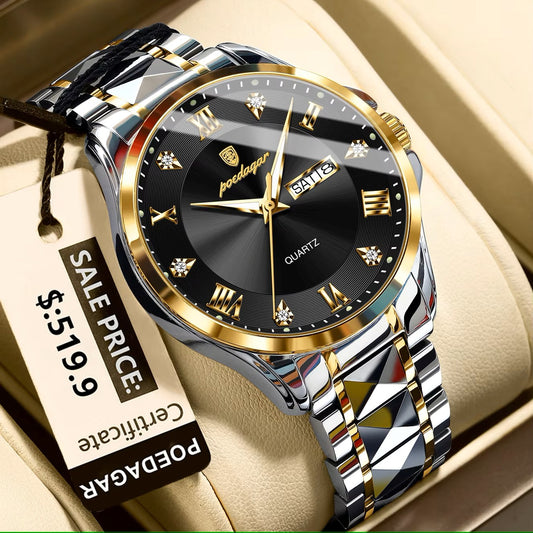 POEDAGAR 883 Stainless Steel Belt Fashion Luminous Quartz Men's Watches- Silver Gold & Black