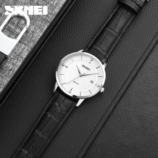 SKMEI 1801 Stainless Steel Leather Quartz Men’s watch- Black Silver