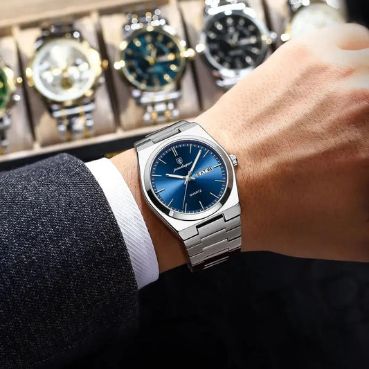 POEDAGAR 930 Business Luminous Stainless Steel Quartz Men's Watch- Silver Blue