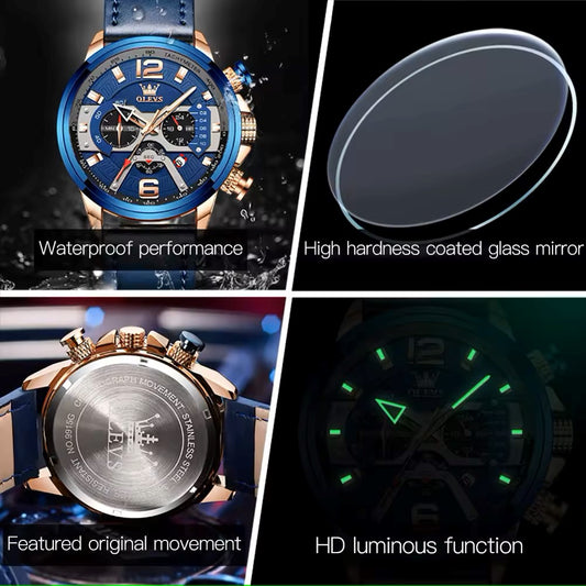 Olevs 9915 Stainless Steel Analog Leather Belt Watch For Men - Blue