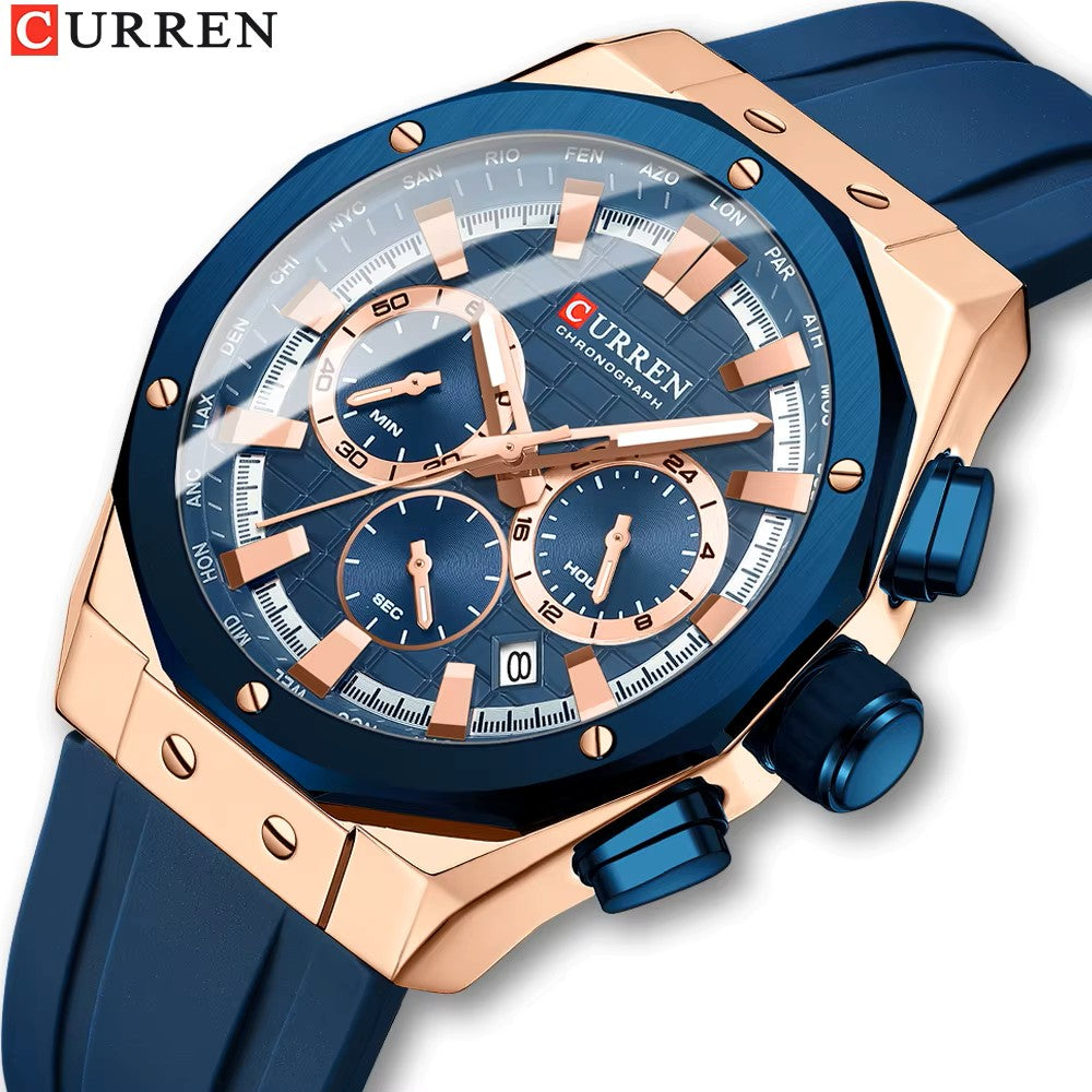 CURREN 8464 Multifunctional Chronograph Silicone Strap Luminous dial Men Watches- Blue & Rose Gold