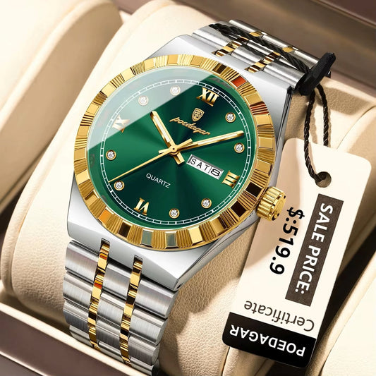 POEDAGAR 872 Luminous Stainless Steel Quartz Day date view Men’s Wristwatch- Silver Gold & Green