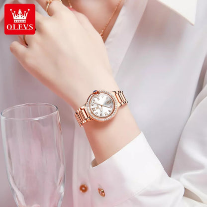 Olevs 5518 Luxury Fashion Quartz Wrist Watch for women- Rose Gold & White