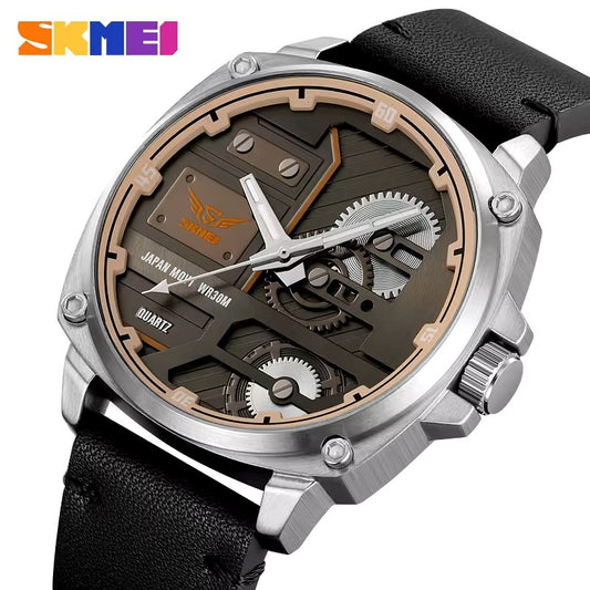 SKMEI 2289 Leather Strap Men's Wristwatch Original Casual Clock Fashion Business Quartz Watch- Black Silver