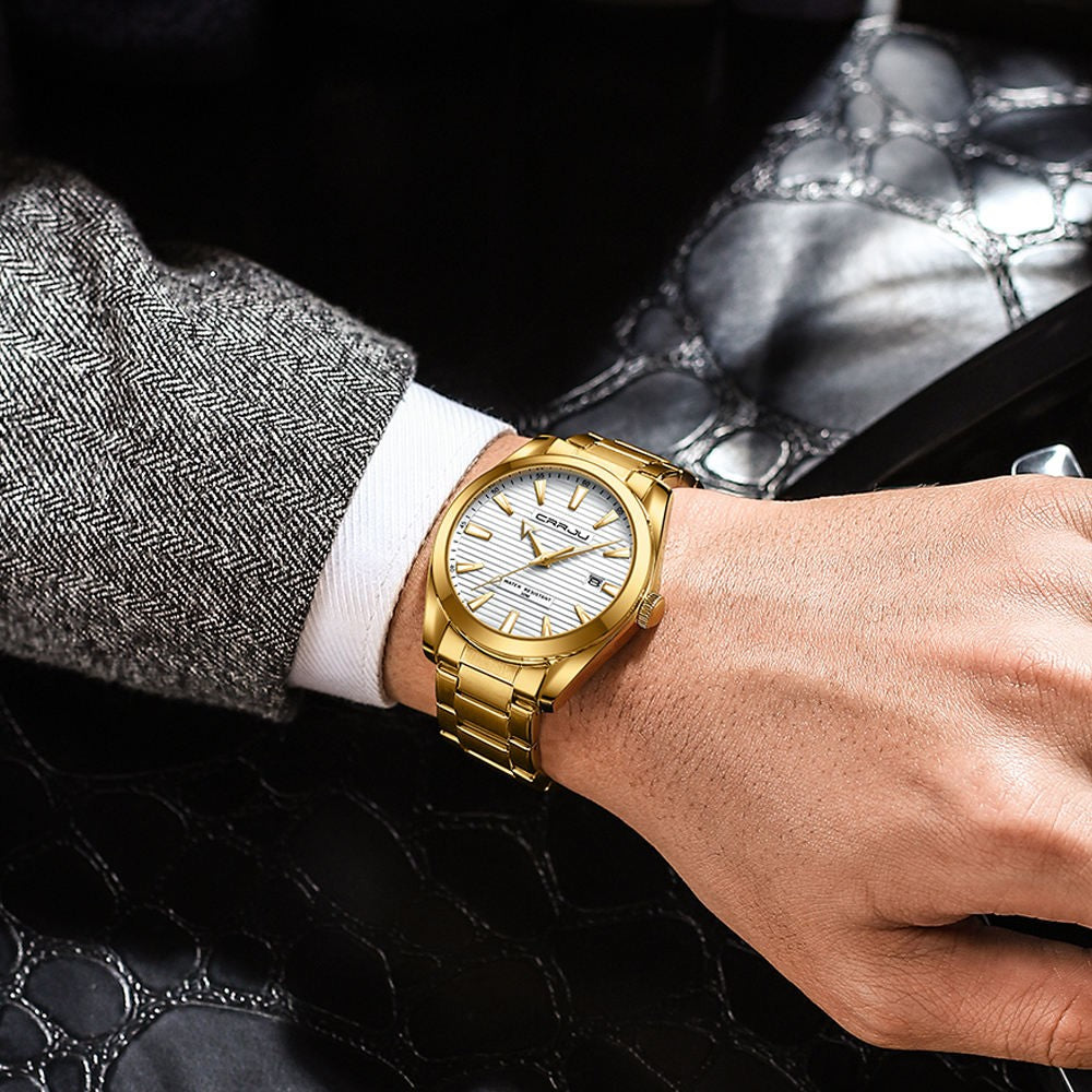 CRRJU 5006 High Quality Classic Quartz Luminous Stainless-Steel Watch for Men- Gold