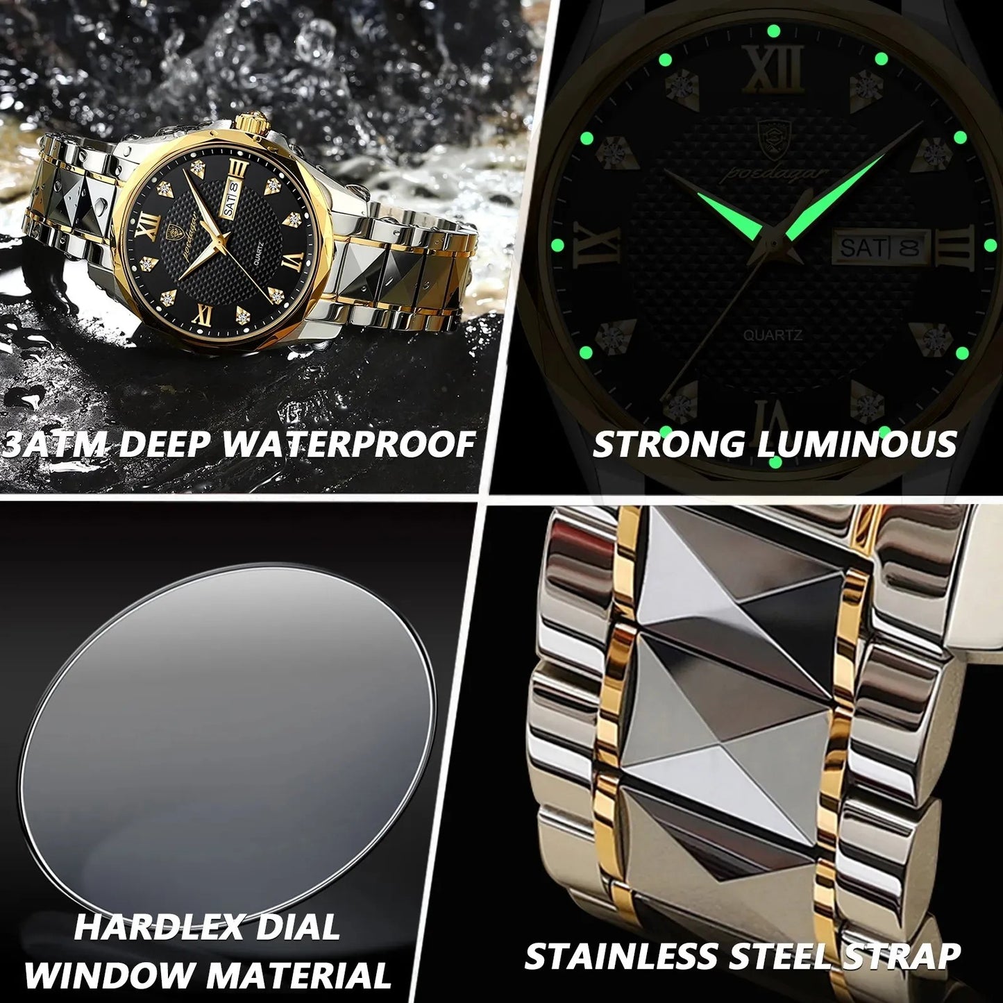 Poedagar 998 Two-Tone Stainless Steel Waterproof Men’s Watch - Silver Gold & Black