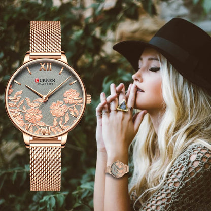 CURREN 9065 Mesh Stainless Steel Quartz Watch for Women - Rose Gold