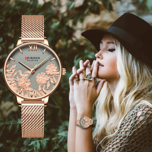 CURREN 9065 Mesh Stainless Steel Quartz Watch for Women - Rose Gold