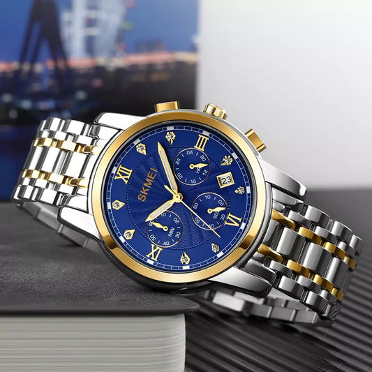 SKMEI 1904 Men’s Quartz Chronograph Stainless Steel Watch- Silver Blue