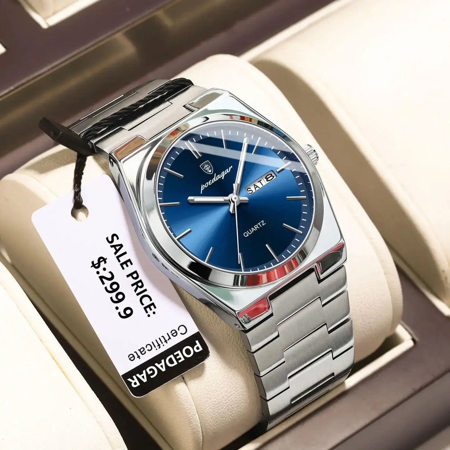 POEDAGAR 930 Business Luminous Stainless Steel Quartz Men's Watch- Silver Blue
