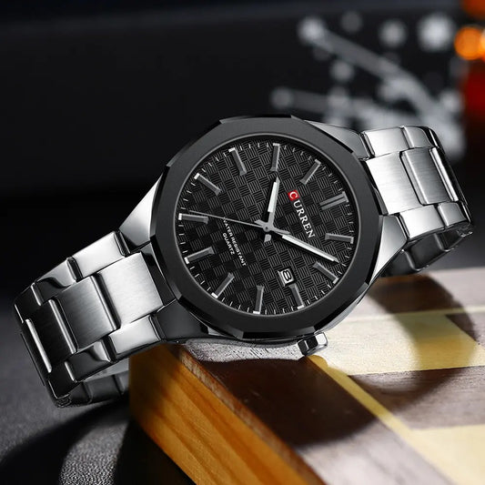Curren 8477 Classical Luminous Reloj Hombre Quartz Stainless Steel Men’s Wrist-watch- Silver Black