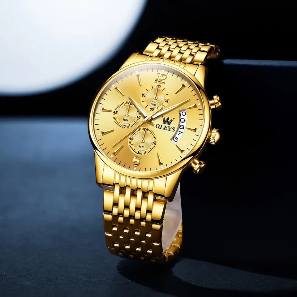 Olevs 2867 Stainless Steel Chronograph Wrist Watch For Men - Gold