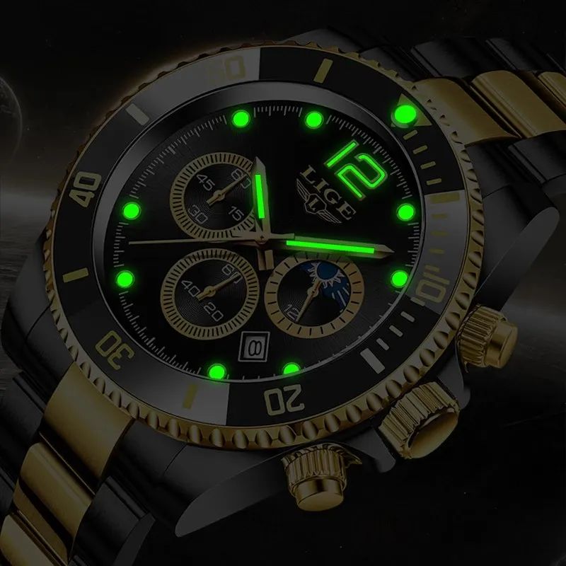 LIGE 8924 Elegant Stainless Steel Three Dial Quartz Men’s Wristwatch- Black & Gold