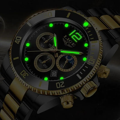 LIGE 8924 Elegant Stainless Steel Three Dial Quartz Men’s Wristwatch- Black & Gold