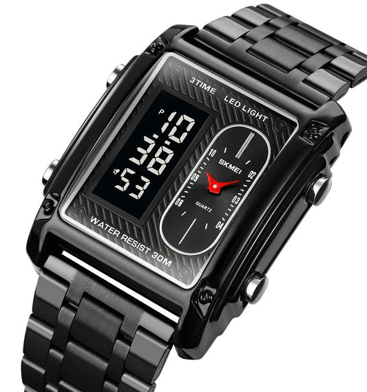 SKMEI 1868 Multiple Time Digital Analog Sport Stainless Steel Men’s Wristwatch- Black