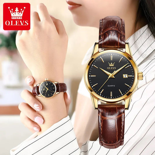 Olevs 6898 Luxury Brand Luminous Fashion Quartz Watch For Ladies- Brown & Black