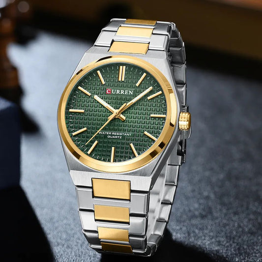 CURREN 8439 Top Brand Luxury Stainless Steel Quartz Man Wristwatch- Silver Gold & Green