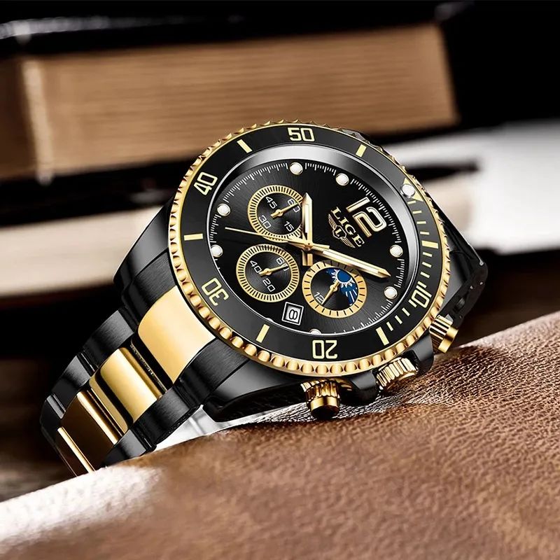 LIGE 8924 Elegant Stainless Steel Three Dial Quartz Men’s Wristwatch- Black & Gold