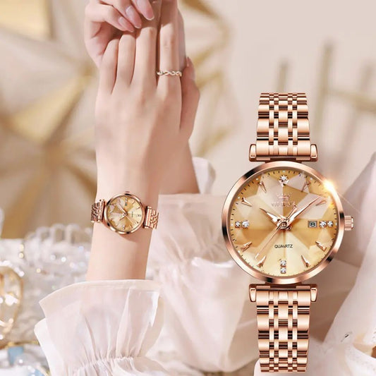 OLEVS 5536 Diamond Cart Luxury Exquisite Water-resistant Ladies Watch- Rose Gold