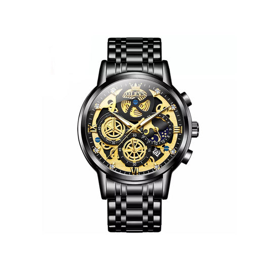OLEVS 9947 Hollow-Carved Trendy Design Stainless Steel Chronograph Luminous Multifunctional Watch for Men’s- Black
