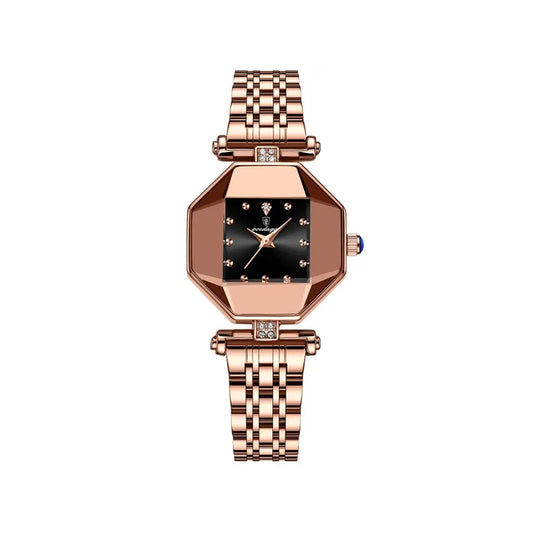POEDAGAR 368 Luxury Casual Diamond Stainless Fashion Women Quartz Ladies Watch- Rose Gold & Black