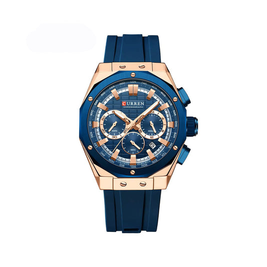 CURREN 8464 Multifunctional Chronograph Silicone Strap Luminous dial Men Watches- Blue & Rose Gold