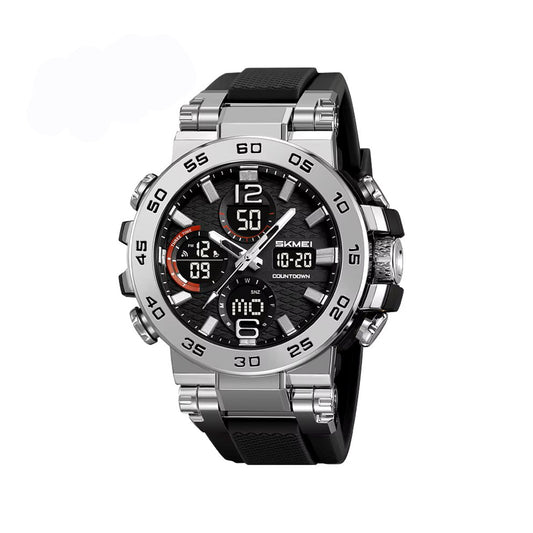 SKMEI 2499 Dual Display Analog Digital LED Electronic Quartz Waterproof Wristwatch- Black Silver