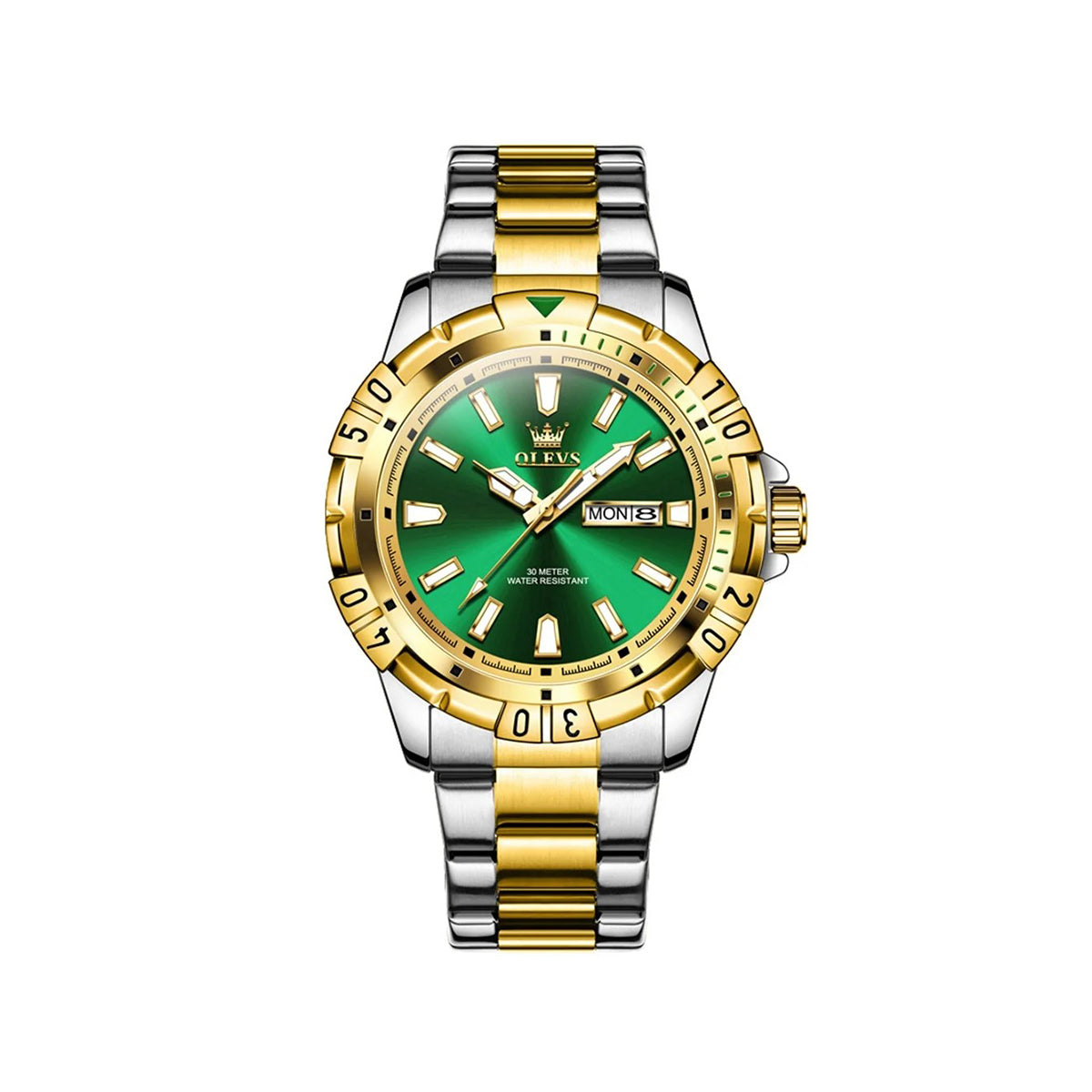 Olevs 5560 Stainless Steel Quartz Movement Watch For Men - Silver Gold & Green