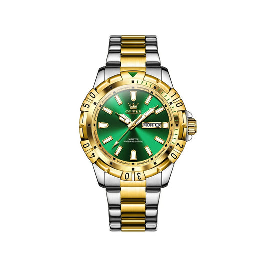 Olevs 5560 Stainless Steel Quartz Movement Watch For Men - Silver Gold & Green