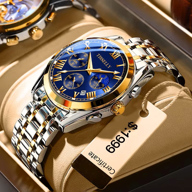 Tisselly 6601 Exclusive Stainless Steel Strap Chronograph Watch for Men - Silver Gold & Blue