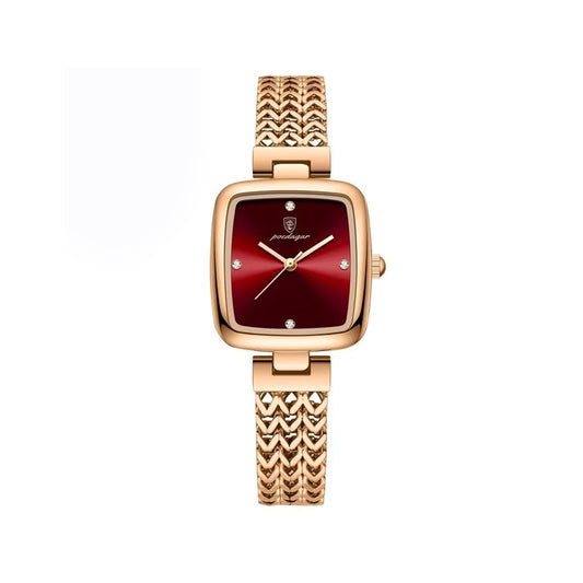 POEDAGAR 768 Luxury Square Elegant Fashion Ladies Watch- Rose Gold & Red
