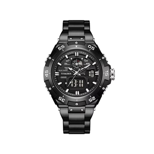 TINAIBIN 6021 Stainless Steel Strap Double Display Watch for Men - Black