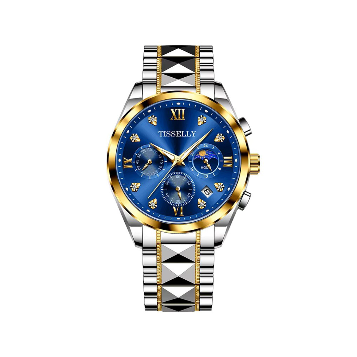 TISSELLY 6010 Stainless Steel Strap Watch for Men - Silver Gold & Blue