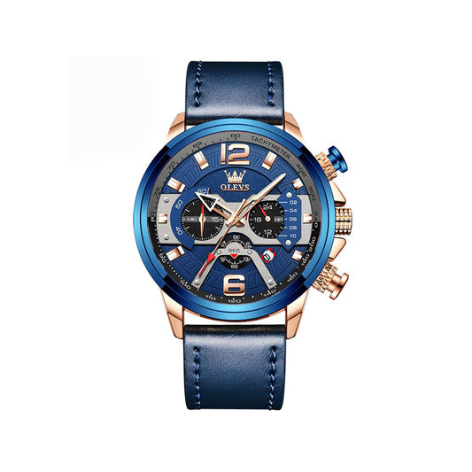 Olevs 9915 Stainless Steel Analog Leather Belt Watch For Men - Blue
