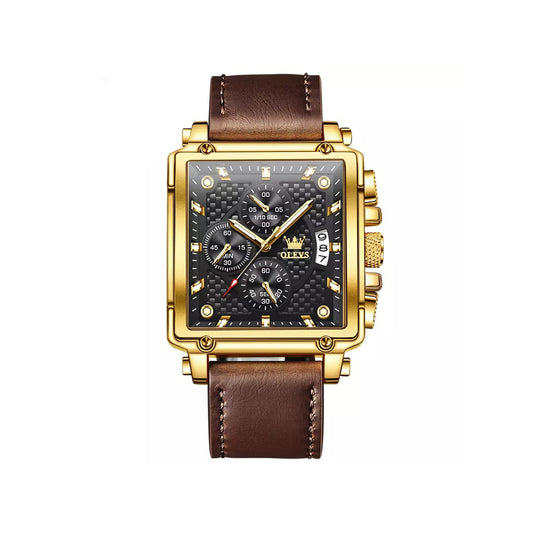 Olevs 9925 Stainless Steel Analog Leather Belt Watch For Men - Brown & Black