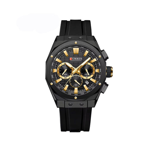 CURREN 8464 Multifunctional Chronograph Silicone Strap Luminous dial Men Watches- Black
