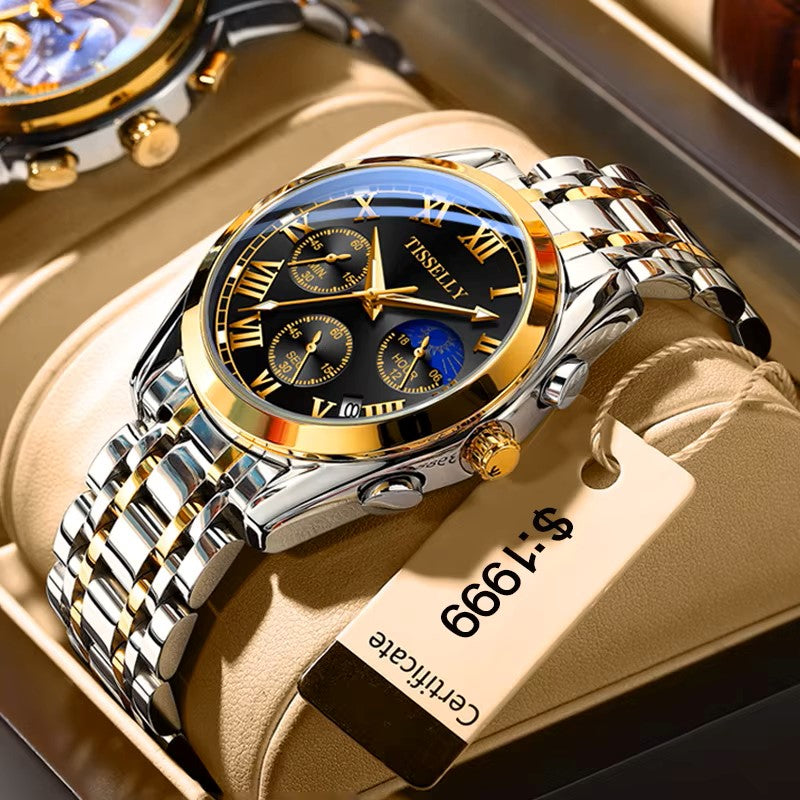Tisselly 6601 Exclusive Stainless Steel Strap Chronograph Watch for Men - Silver Gold & Black