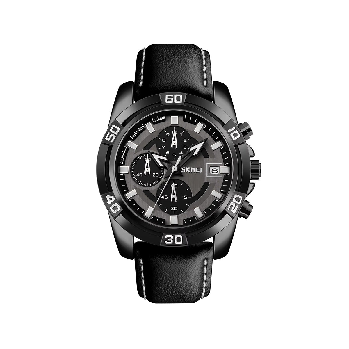 SKMEI 9156 Active Chronograph Leather Quartz Watch for Men- Black