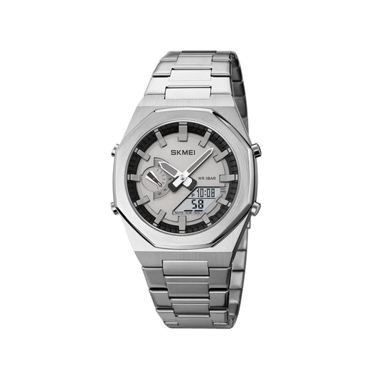 SKMEI 1816 Luxury Quartz Dual Time Stainless Steel Digital LED Watch for Men- Silver