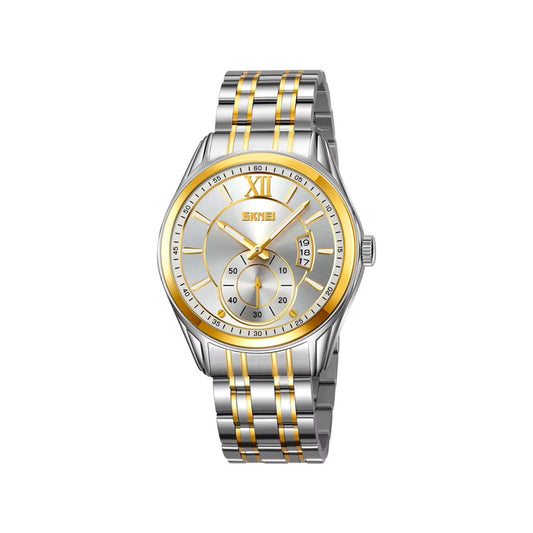 Skmei 9319 Quartz Luminous Luxury Stainless Steel Classic Calendar Men’s Wrist-watches- Silver Gold