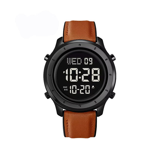 SKMEI 1864 Metal Steel Leather Digital Sport Wrist Watches for Men- Brown