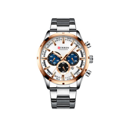 CURREN 8355 Multi-function Steel Strap Watch for Men - Silver & Rose Gold