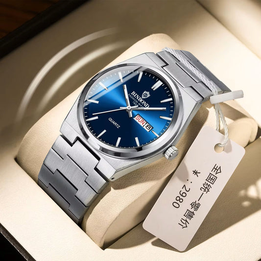 BINBOND 102 Stainless Steel Luxury Quartz Watch For Men- Silver & Sea Blue